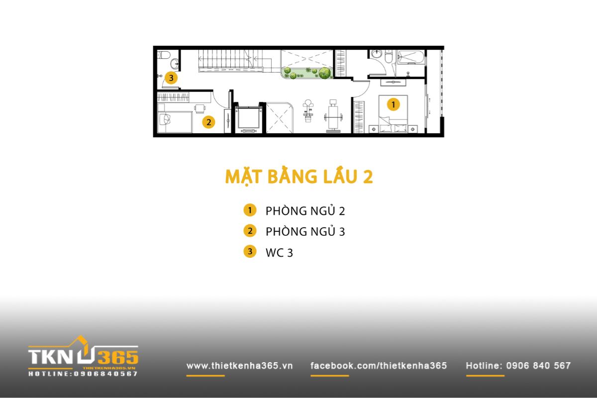 Mặt bằng lầu 2 của nhà phố 4 tầng bao gồm hai phòng ngủ và WC dùng chung
