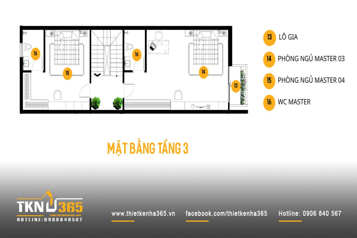 Mặt bằng tầng 3 tiếp tục bố trí hai phòng ngủ master cùng khu vệ sinh riêng, đảm bảo sự riêng tư cho các thành viên