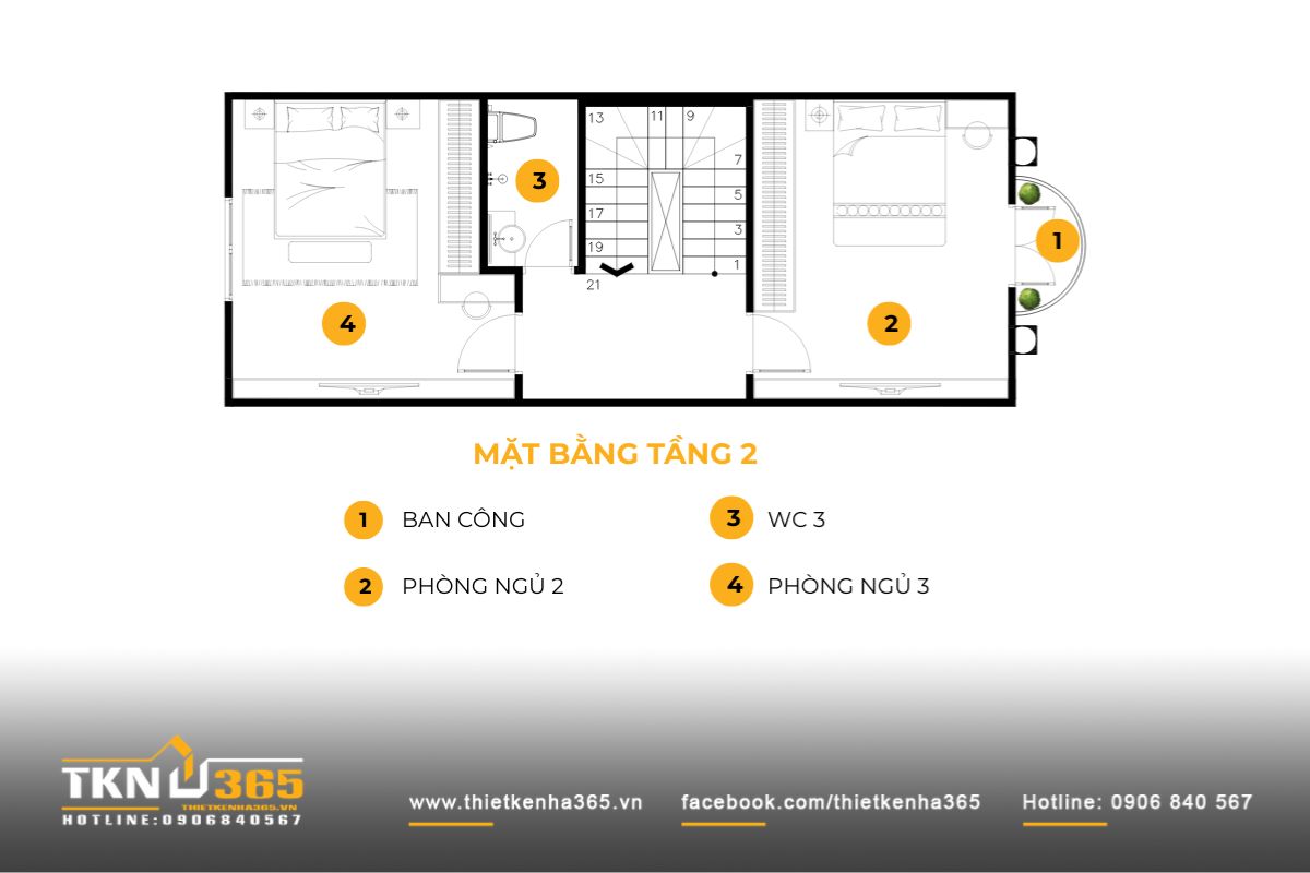 Tầng 2 gồm hai phòng ngủ bố trí cân đối hai phía cầu thang, đảm bảo ánh sáng tự nhiên và sự riêng tư cho các thành viên trong gia đình
