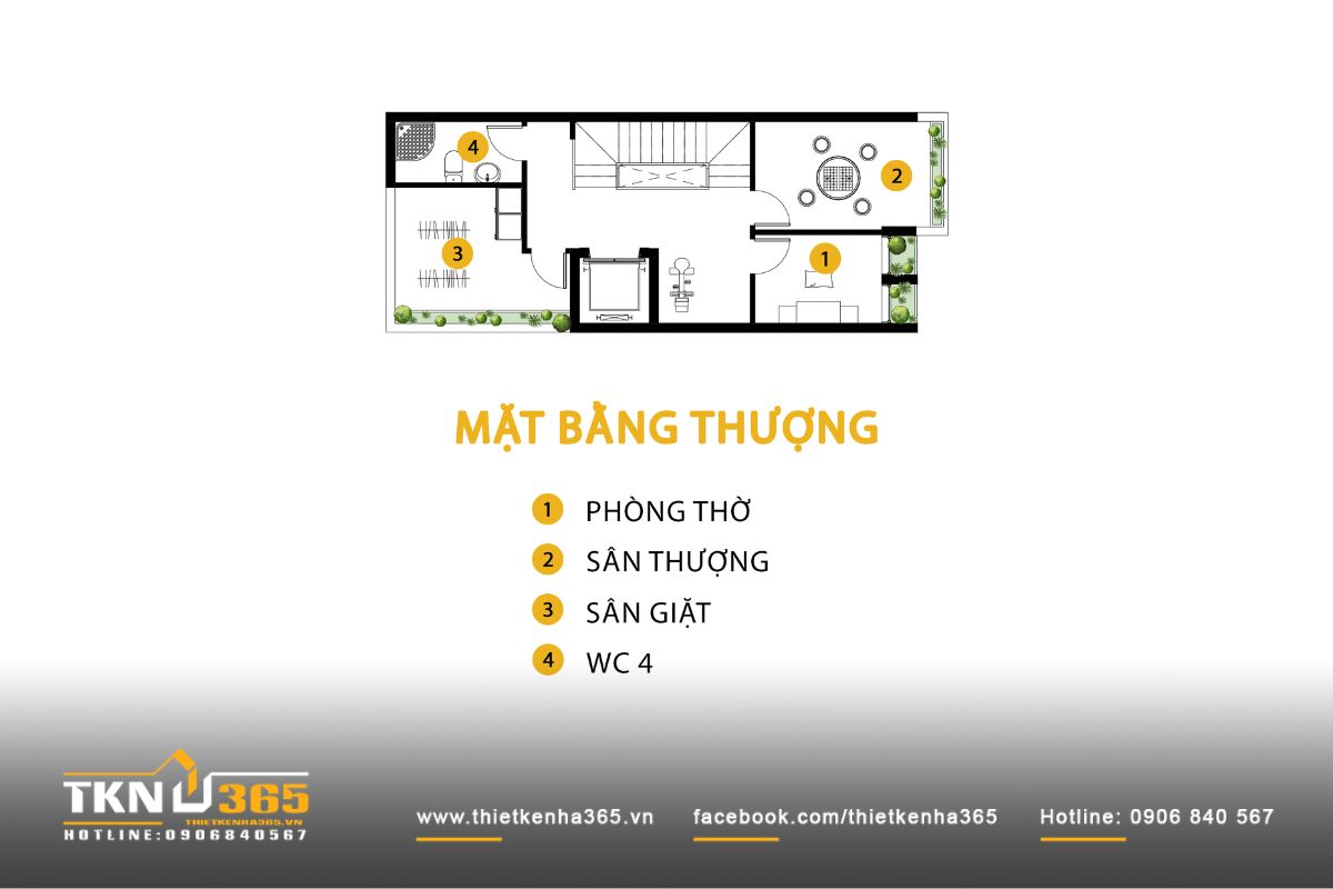 Nhà phố 4 tầng 5x15m và hành trình biến những yêu cầu giản dị thành không gian sống ấm cúng 8 Mặt bằng tầng thượng nhà phố 4 tầng bố trí phòng thờ, sân thượng và khu giặt, tạo không gian ngoài trời giúp cân bằng nhịp sống hàng ngày
