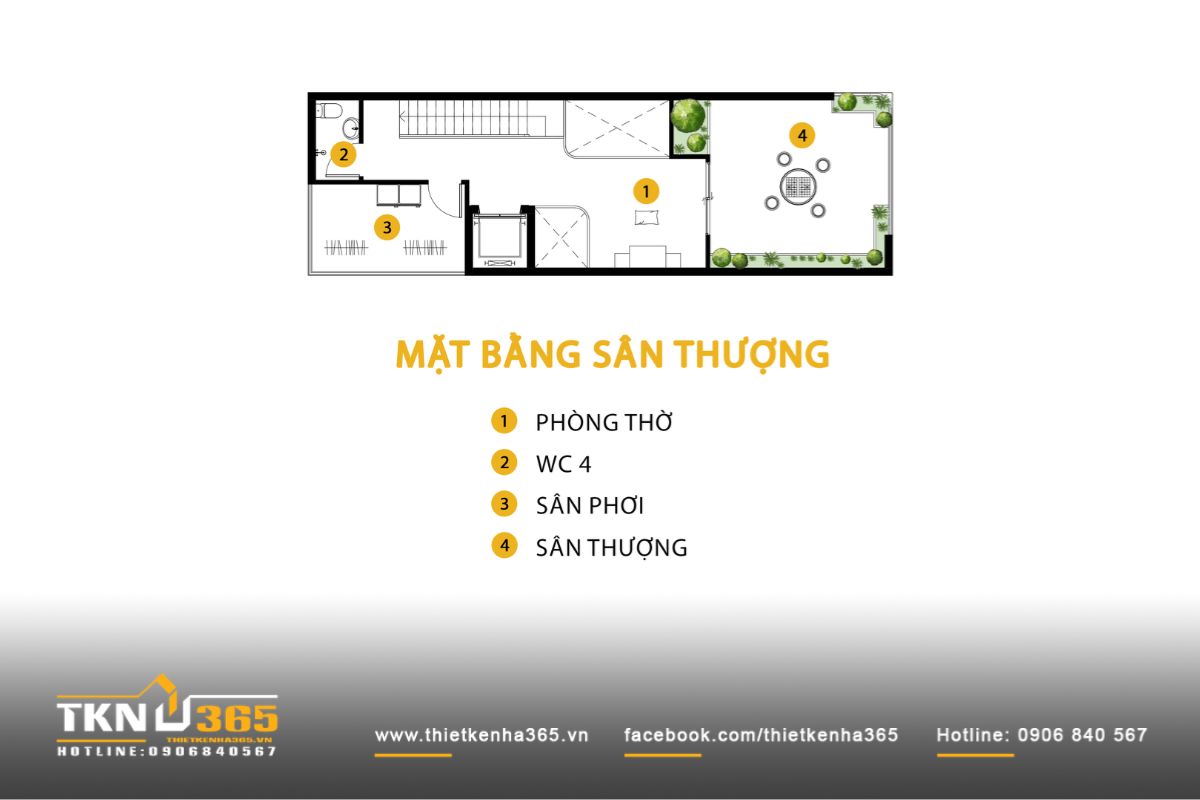 Sân thượng nhà phố 4 tầng bố trí khoa học phòng thờ, sân thượng, sân phơi và WC