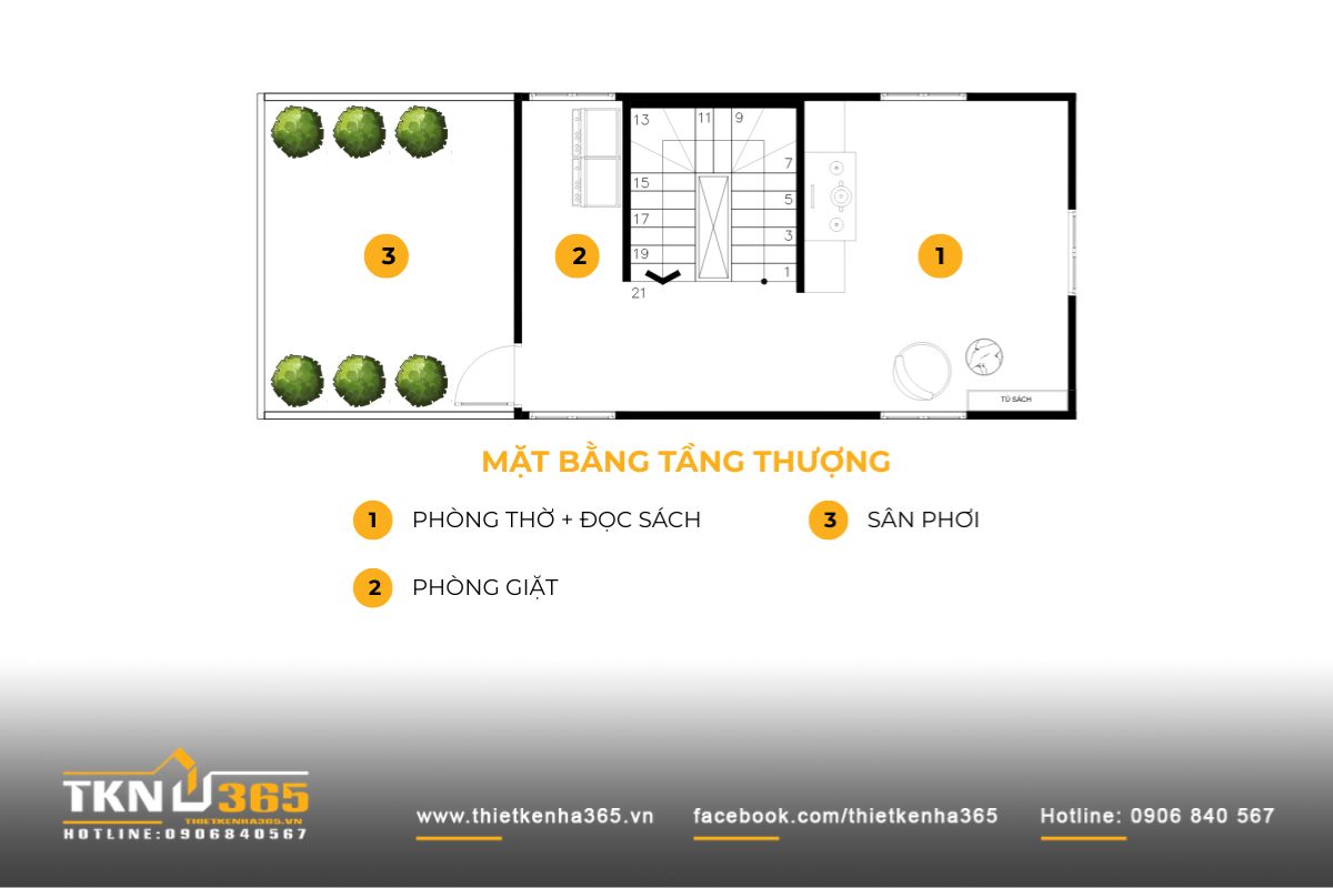 Tầng thượng bố trí phòng thờ kết hợp góc đọc sách phía trước, tiếp đến là phòng giặt và sân phơi phía sau để phục vụ sinh hoạt hàng ngày