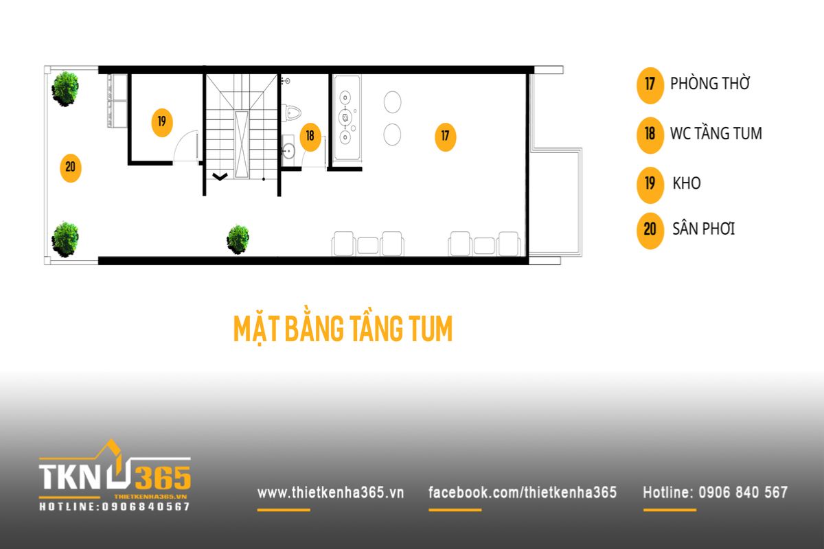 Mặt bằng tầng tum gồm phòng thờ phía trước, kho và sân phơi phía sau với khoảng sân thoáng để giặt phơi và trồng cây xanh