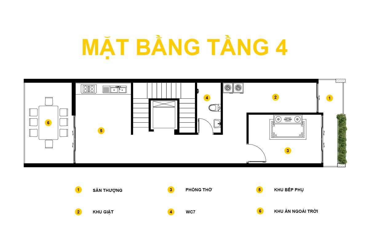 Nhà phố 5 tầng 5x18m tại Hà Tĩnh: Bản hòa âm của đá, gỗ và cây xanh 10 Tầng thượng nhà phố 5 tầng gồm phòng thờ, khu bếp phụ và khu ăn uống ngoài trời, mở ra không gian sinh hoạt thoáng đãng trên cao