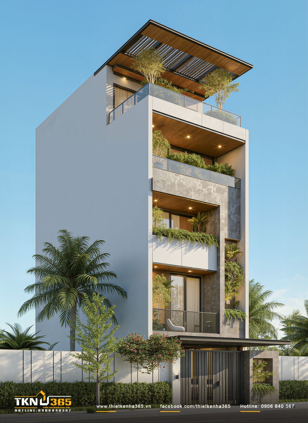 Nhà phố 5 tầng 5x18m tại Hà Tĩnh: Bản hòa âm của đá, gỗ và cây xanh 3 Ban công của nhà phố 5 tầng được bố trí cây xanh xen kẽ, mang lại lớp đệm tự nhiên cho mặt tiền