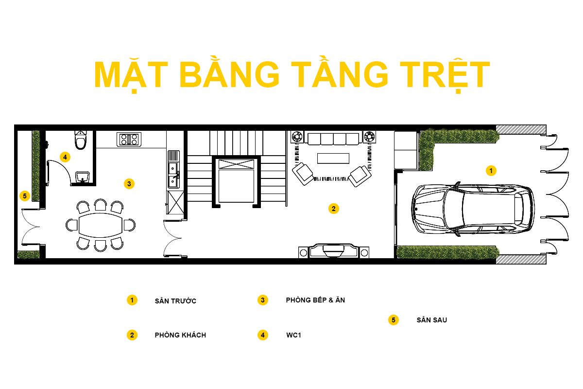 Nhà phố 5 tầng 5x18m tại Hà Tĩnh: Bản hòa âm của đá, gỗ và cây xanh 6 Tầng trệt nhà phố 5 tầng gồm sân trước, phòng khách và bếp - ăn liên thông, tạo không gian sinh hoạt chung rộng rãi cho gia đình