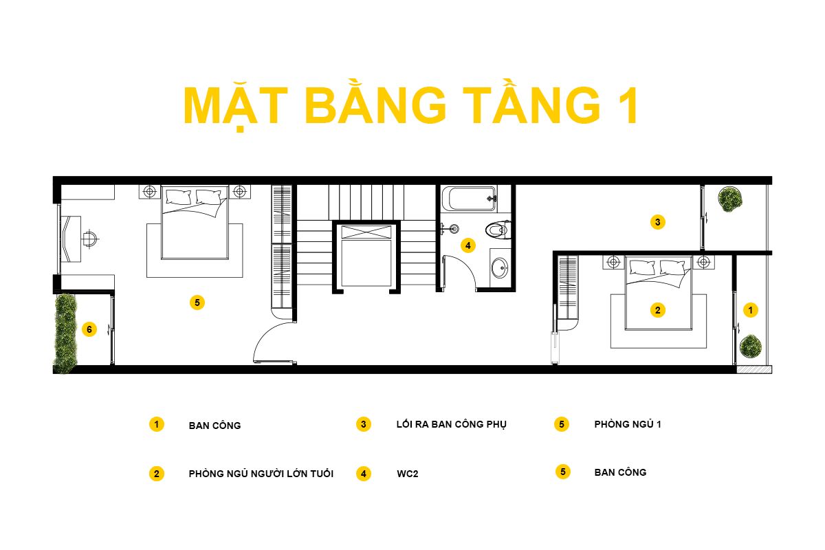 Nhà phố 5 tầng 5x18m tại Hà Tĩnh: Bản hòa âm của đá, gỗ và cây xanh 7 Tầng 1 của nhà phố 5 tầng bố trí hai phòng ngủ, trong đó có một phòng ngủ dành cho người lớn tuổi, kết nối với các ban công đón gió và ánh sáng tự nhiên