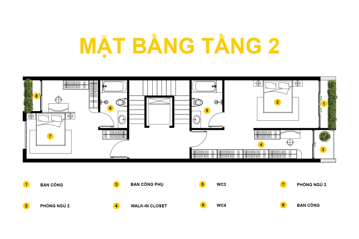 Nhà phố 5 tầng 5x18m tại Hà Tĩnh: Bản hòa âm của đá, gỗ và cây xanh 8 Tầng 2 nhà phố 5 tầng tổ chức các phòng ngủ chính cùng khu thay đồ và ban công, đảm bảo sự riêng tư và tiện nghi