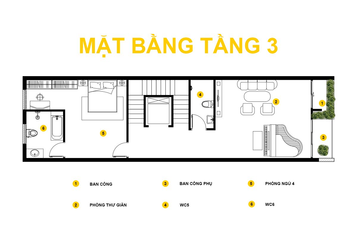 Nhà phố 5 tầng 5x18m tại Hà Tĩnh: Bản hòa âm của đá, gỗ và cây xanh 9 Mặt bằng tầng 3 nhà phố 5 tầng bố trí phòng thư giãn và phòng ngủ, tạo không gian nghỉ ngơi yên tĩnh cho gia đình