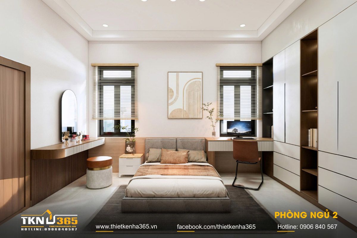 Cửa sổ xuất hiện ở hầu hết các khu vực chức năng trong biệt thự 1 tầng 100m2 để tối ưu ánh sáng và thông gió