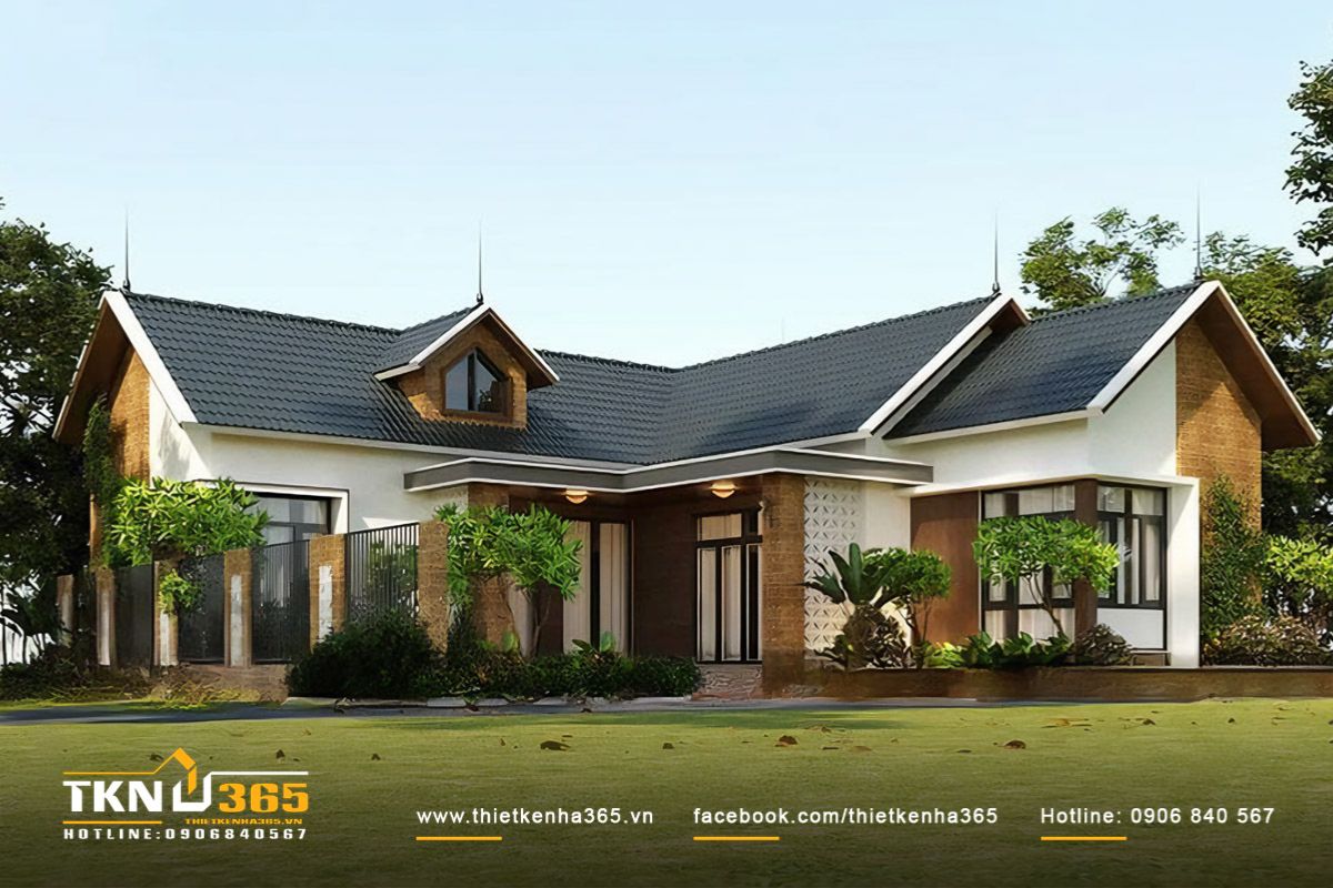 Mẫu nhà biệt thự 1 tầng 200m2 chữ L sở hữu khoảng sân trong rộng thoáng, giúp tăng khả năng lấy sáng và thông gió tự nhiên