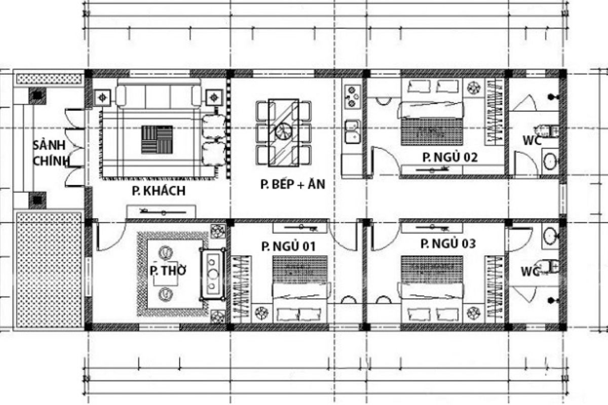 Bản vẽ mặt bằng nhà cấp 6x20m 3 phòng ngủ, không gian tổ chức theo dạng liên thông để tối ưu diện tích, phù hợp với gia đình 4 - 6 người (Ảnh: Sưu tầm)