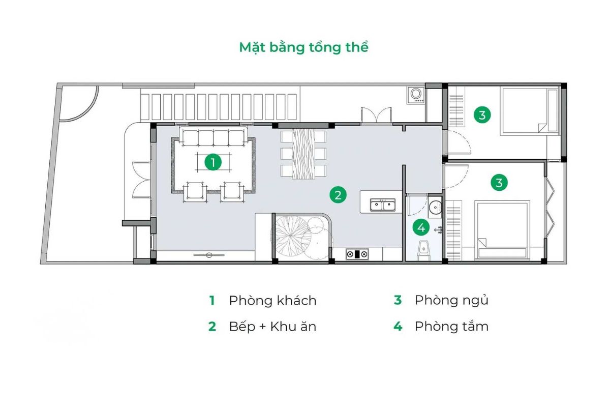 Mẫu nhà cấp 4 6x20m thường bố trí 2 - 3 phòng ngủ để đáp ứng nhu cầu sử dụng linh hoạt của gia đình (Ảnh: Sưu tầm)