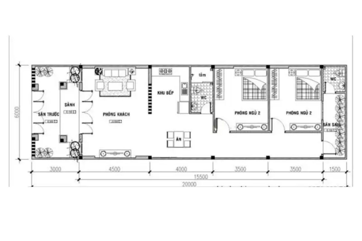 Bố trí công năng nhà 6x20m 1 tầng với hai phòng ngủ ưu tiên mở rộng không gian, đáp ứng nhu cầu sử dụng linh hoạt của các thành viên trong gia đình (Ảnh: Sưu tầm)