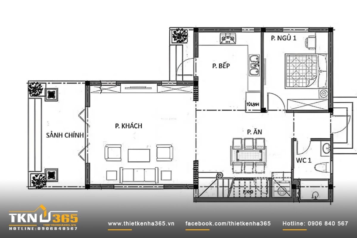 Bản vẽ mặt bằng công năng nhà 6x12m 1 phòng ngủ, bố trí phòng khách - bếp - ăn liên thông