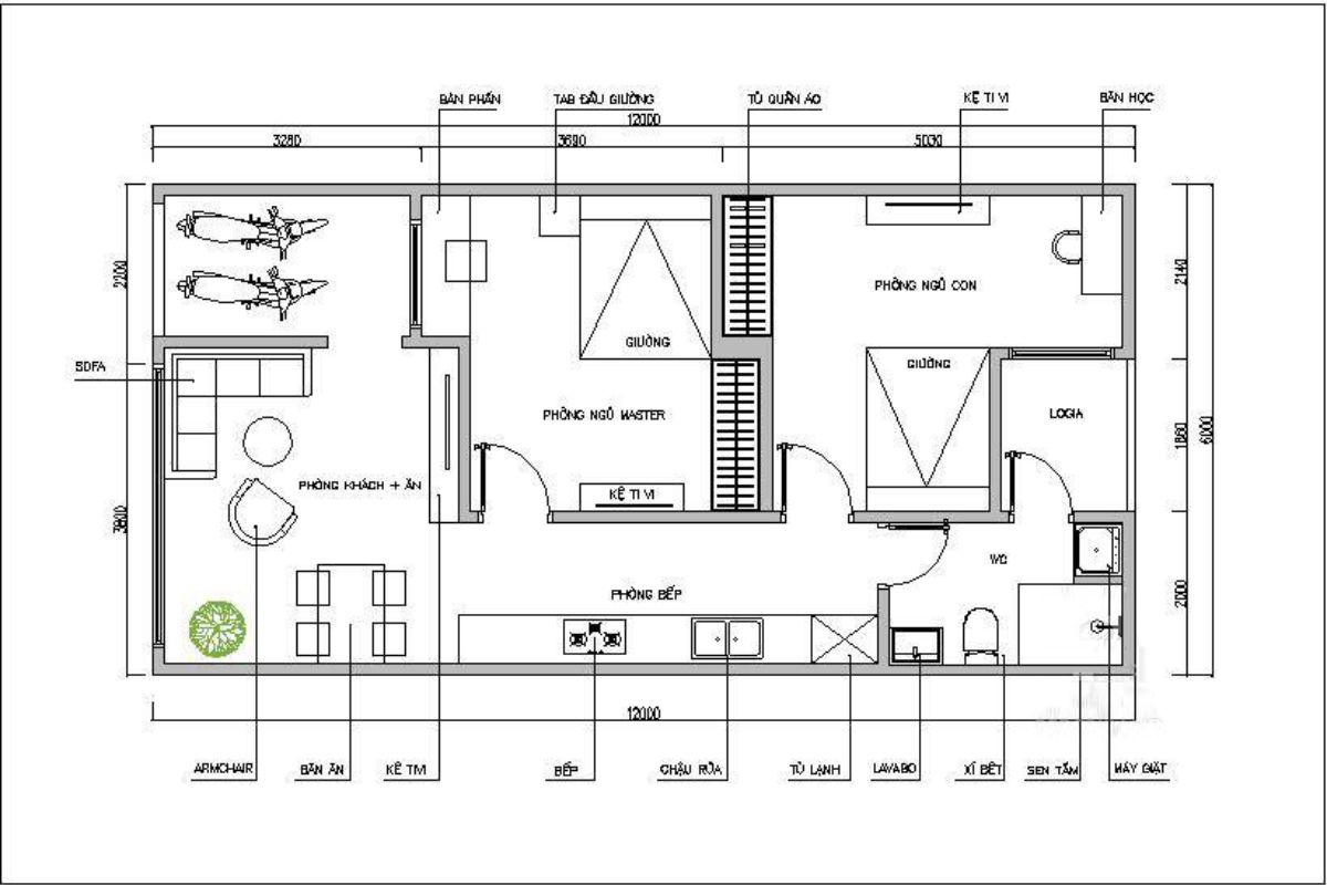 Bản vẽ mặt bằng nhà 6x12m 2 phòng ngủ tối ưu diện tích và công năng sử dụng (Ảnh: Sưu tầm)