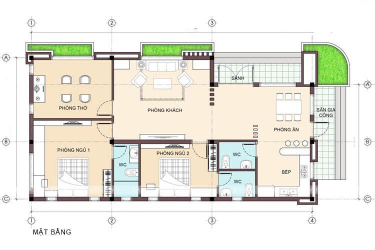 Bản vẽ nhà cấp 4 100m2 2 phòng ngủ ưu tiên không gian sinh hoạt rộng thoáng (Ảnh: Sưu tầm)