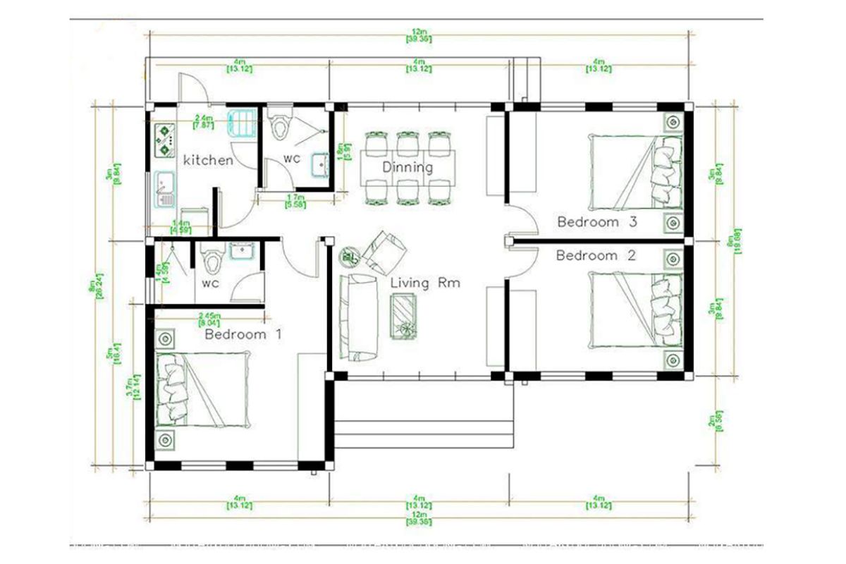 Bản vẽ mặt bằng nhà cấp 4 100m2 chữ L với khoảng sân rộng thoáng (Ảnh: Sưu tầm)