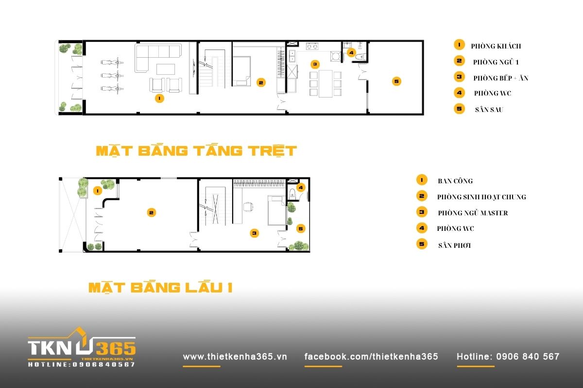 Bản vẽ mặt bằng nhà 1 trệt 1 lầu 6x20m có sân trước và sân sau rộng thoáng