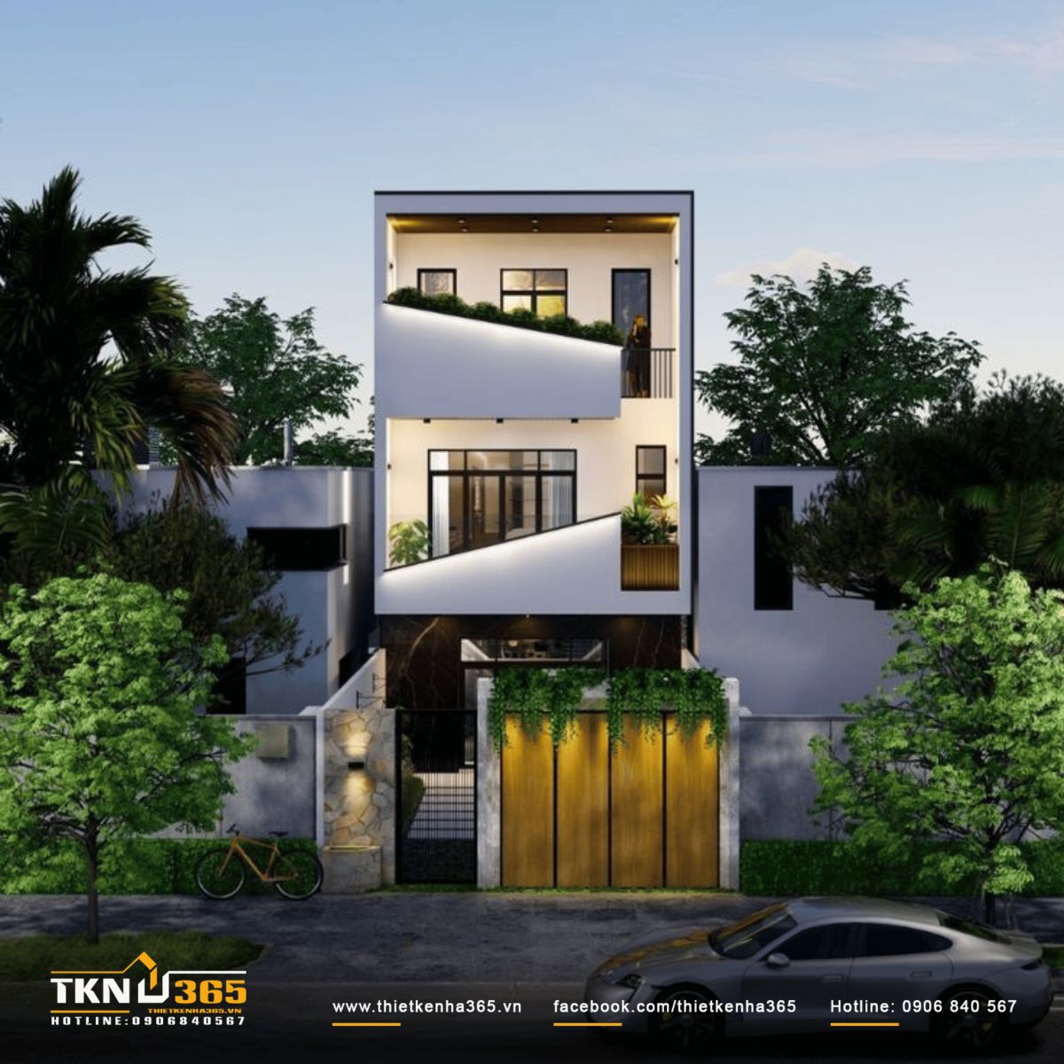 Mẫu nhà 1 trệt 2 lầu 6x15 sở hữu sân trước rộng thoáng, tạo khoảng đệm vừa đủ giữa nhà và đường phố bên ngoài