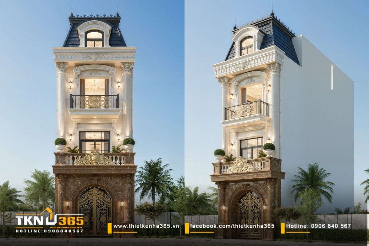 Mẫu nhà 1 trệt 2 lầu mặt tiền 6m thiết kế theo phong cách tân cổ điển bề thế và sang trọng