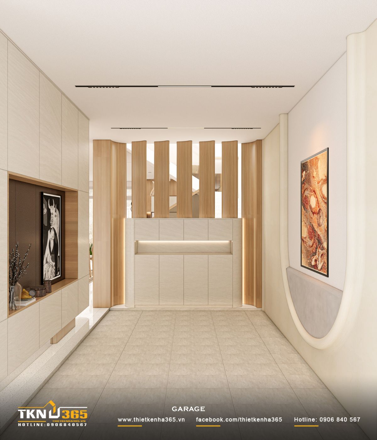 T’S House - Thiết kế nhà phố 3 tầng hiện đại, mạch lạc trong hình khối, ấm áp trong trải nghiệm 10 Không gian để xe thiết kế tối giản, đồng bộ vật liệu và ánh sáng hắt, tạo cảm giác gọn gàng và ấm áp ngay từ lối vào