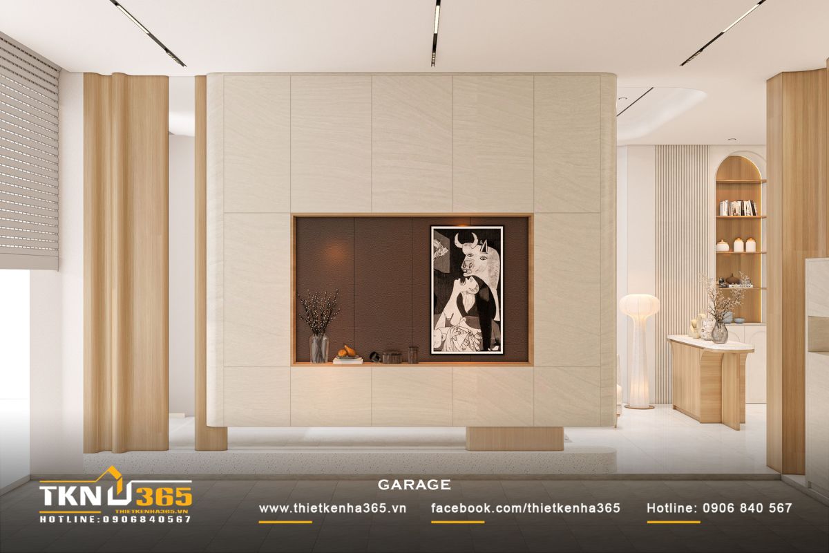 T’S House - Thiết kế nhà phố 3 tầng hiện đại, mạch lạc trong hình khối, ấm áp trong trải nghiệm 11 Vách tủ và mảng trang trí tích hợp giúp garage không còn là khu vực phụ trợ, mà trở thành một phần thẩm mỹ trong tổng thể nội thất
