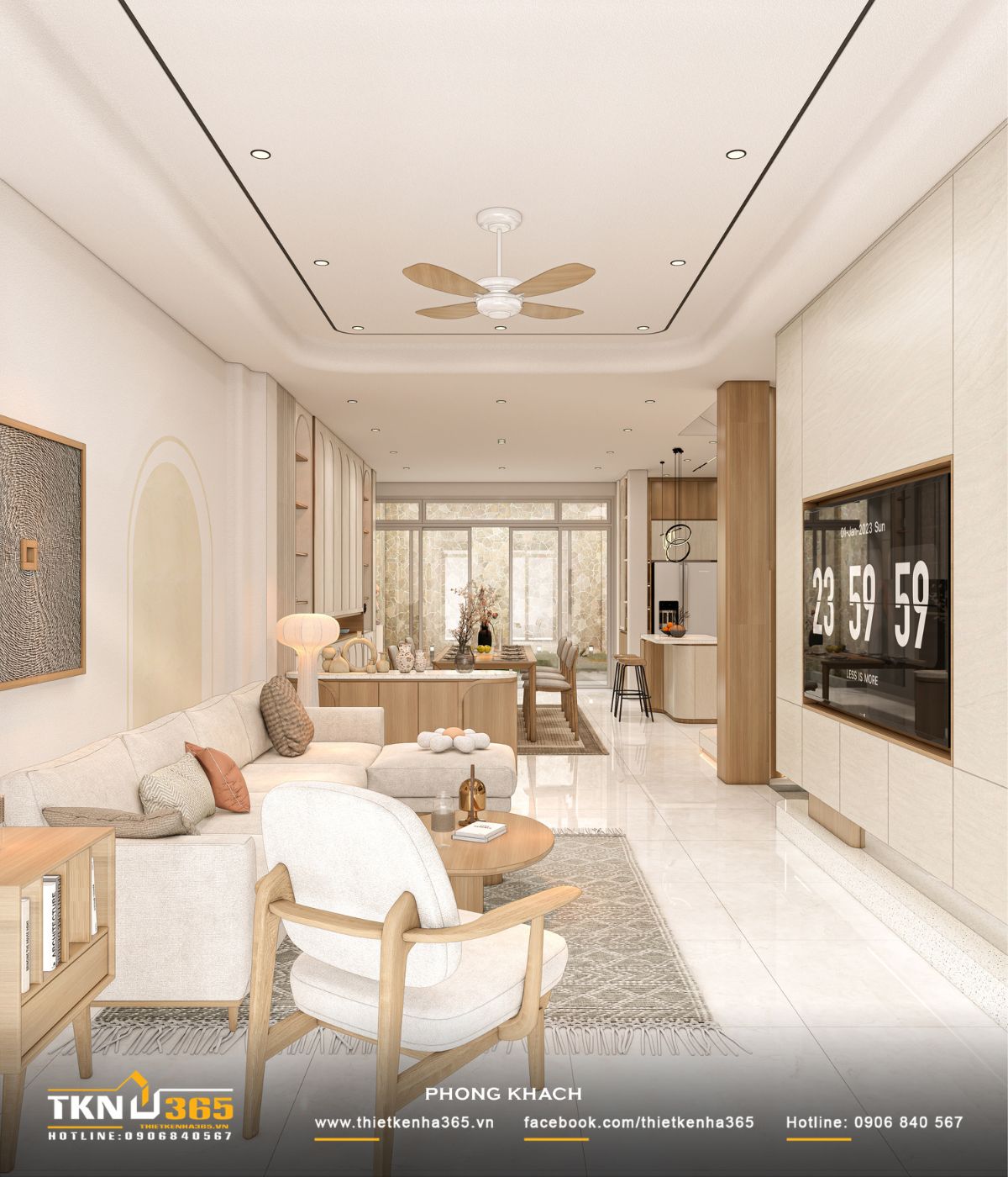 T’S House - Thiết kế nhà phố 3 tầng hiện đại, mạch lạc trong hình khối, ấm áp trong trải nghiệm 12 Phòng khách nhà phố 3 tầng sử dụng bảng màu be - kem kết hợp gỗ sáng, tạo nên không gian Japandi nhẹ nhàng và ấm áp
