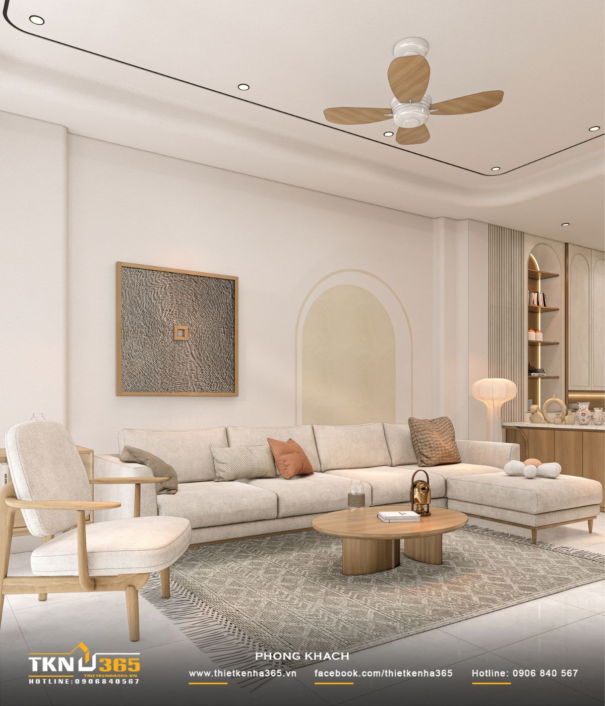 T’S House - Thiết kế nhà phố 3 tầng hiện đại, mạch lạc trong hình khối, ấm áp trong trải nghiệm 14 Bộ sofa vải mềm, bàn trà tròn và thảm màu sắc trung tính giúp tổng thể trở nên thư giãn, gần gũi và dễ chịu trong sinh hoạt hàng ngày