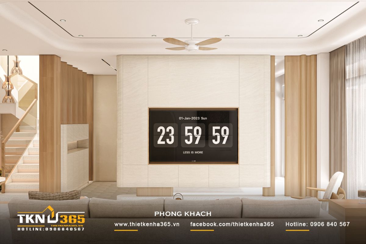 T’S House - Thiết kế nhà phố 3 tầng hiện đại, mạch lạc trong hình khối, ấm áp trong trải nghiệm 15 Vách tivi thiết kế tối giản, hạn chế chi tiết, góp phần giữ sự tinh gọn và tăng cảm giác rộng rãi cho không gian