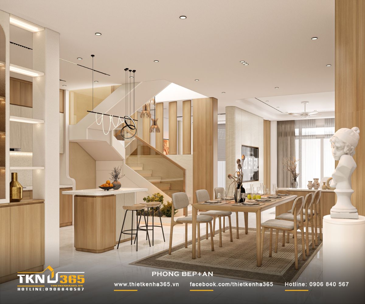 T’S House - Thiết kế nhà phố 3 tầng hiện đại, mạch lạc trong hình khối, ấm áp trong trải nghiệm 17 Sự kết nối liền mạch giữa bếp, cầu thang và phòng khách tăng khả năng tương tác trong sinh hoạt hàng ngày