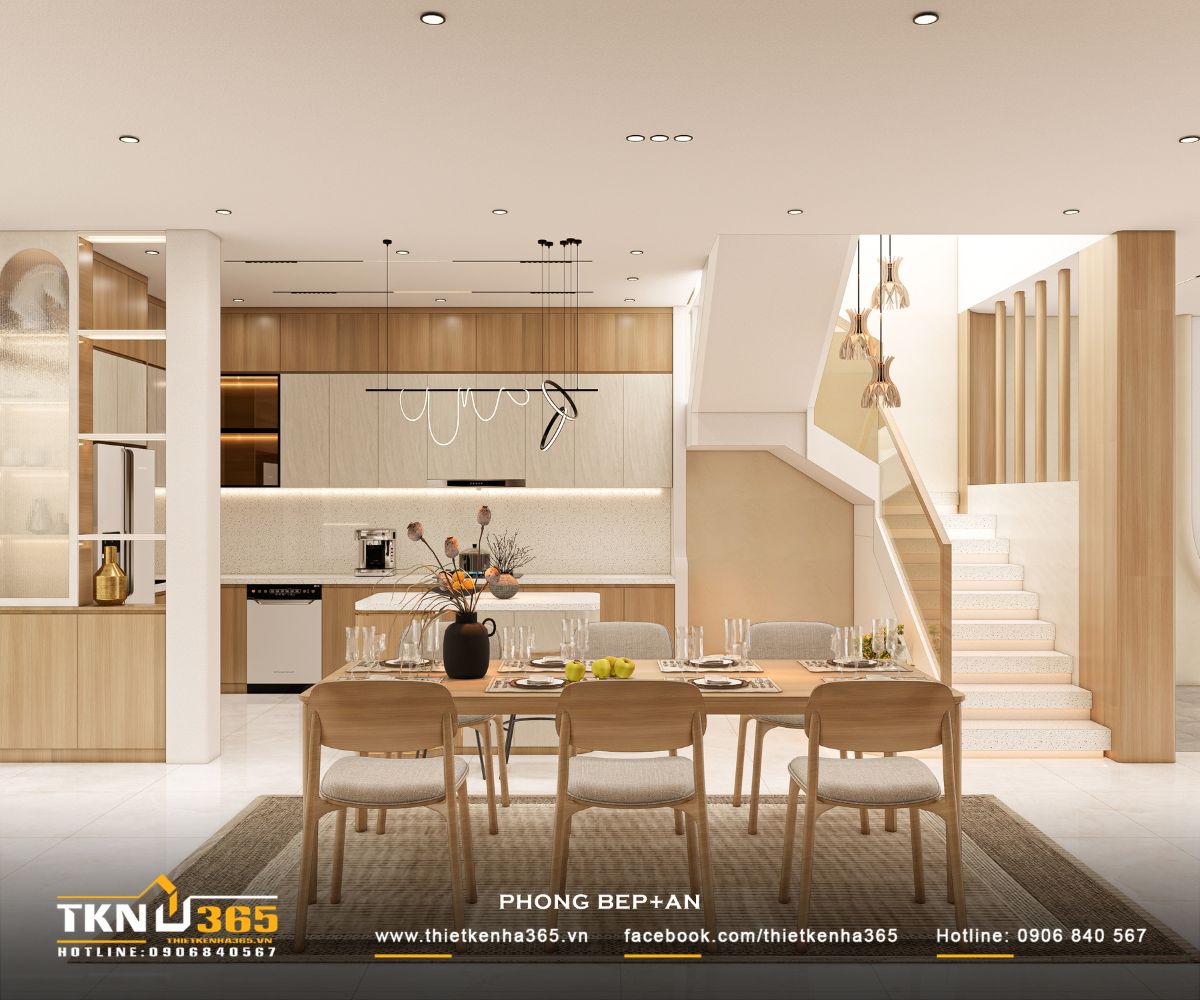 T’S House - Thiết kế nhà phố 3 tầng hiện đại, mạch lạc trong hình khối, ấm áp trong trải nghiệm 18 Khu bếp bố trí gọn gàng với hệ tủ chữ L kết hợp đảo bếp trung tâm, tối ưu công năng sử dụng