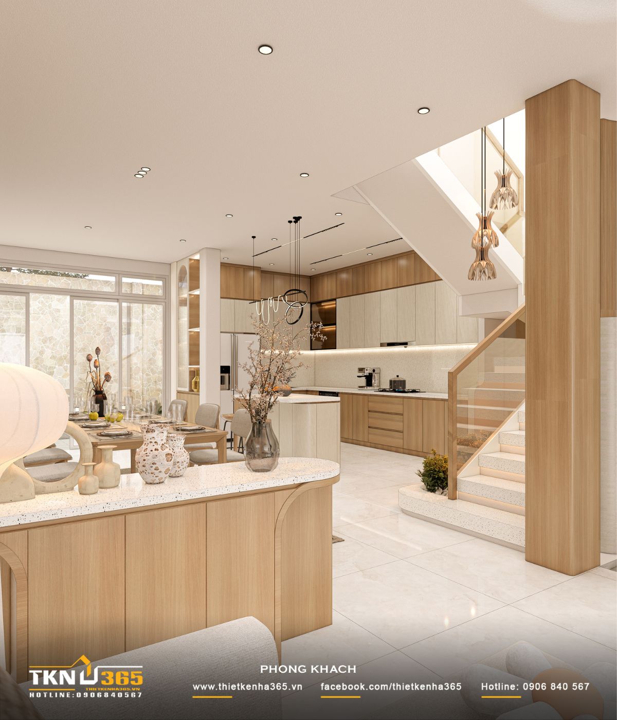 T’S House - Thiết kế nhà phố 3 tầng hiện đại, mạch lạc trong hình khối, ấm áp trong trải nghiệm 19 Các chi tiết cong mềm ở đảo bếp, tủ và cầu thang giúp không gian trở nên tinh tế, giảm cảm giác cứng của bố cục tuyến tính