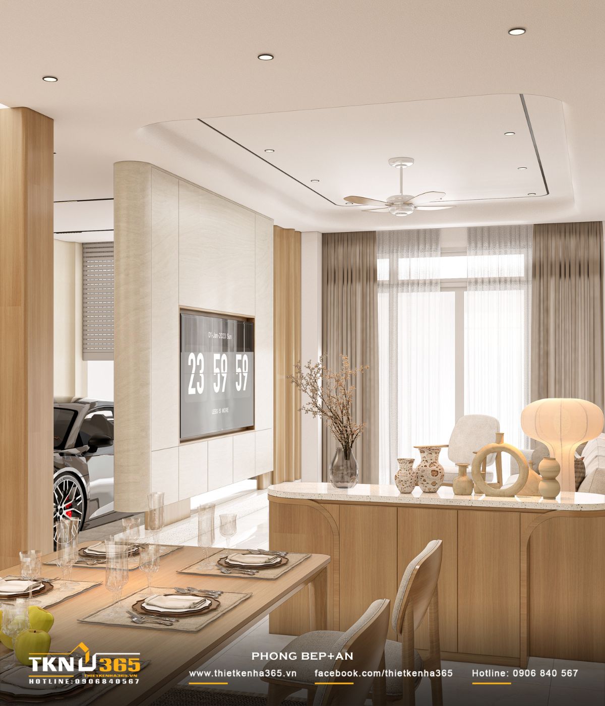 T’S House - Thiết kế nhà phố 3 tầng hiện đại, mạch lạc trong hình khối, ấm áp trong trải nghiệm 20 Khu vực bàn ăn bố trí gần cửa lấy sáng, kết hợp ánh sáng tự nhiên và đèn trang trí tạo nên không khí ấm cúng