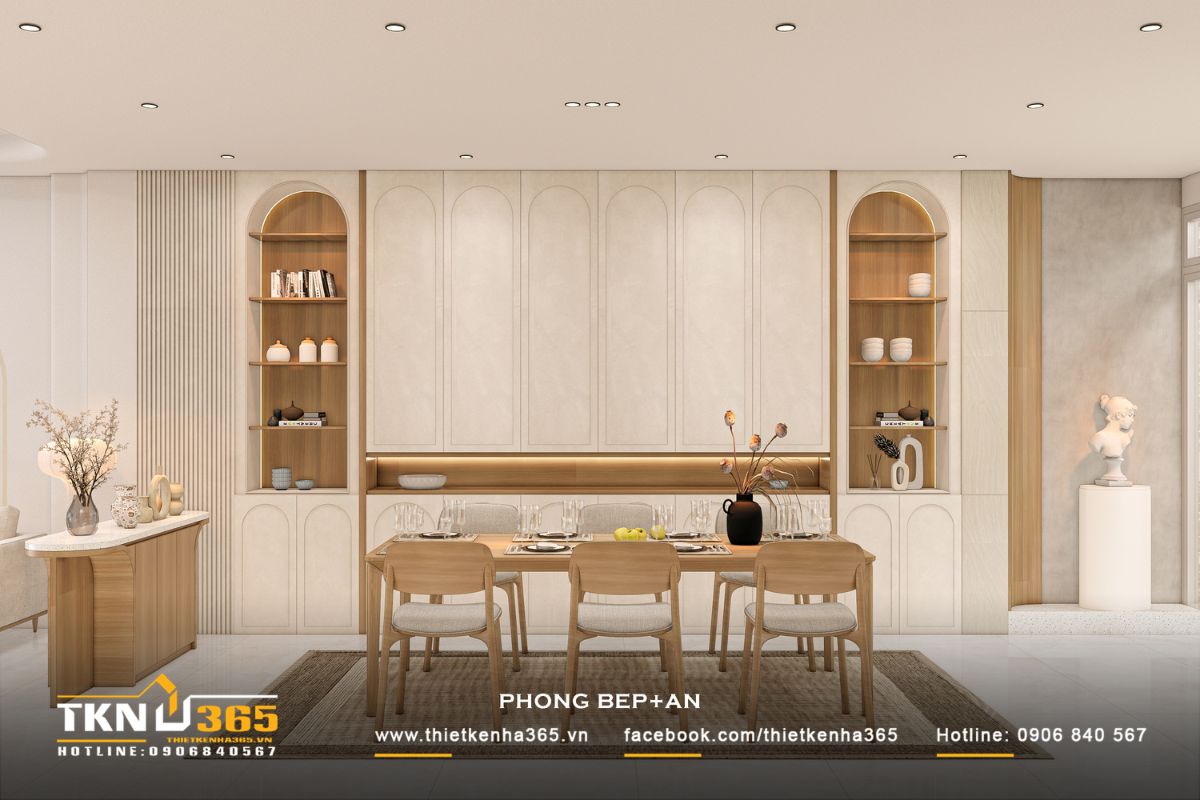 T’S House - Thiết kế nhà phố 3 tầng hiện đại, mạch lạc trong hình khối, ấm áp trong trải nghiệm 21 Mảng tường phía sau bàn ăn nổi bật với hệ đường cong lặp lại mềm mại, kết hợp ánh sáng hắt tạo chiều sâu và mang đến cảm giác nhẹ nhàng, thư giãn