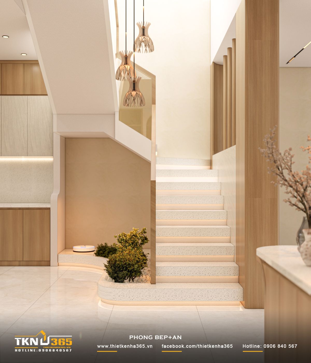 T’S House - Thiết kế nhà phố 3 tầng hiện đại, mạch lạc trong hình khối, ấm áp trong trải nghiệm 23 Khu vực cầu thang xử lý mềm mại với bậc bo cong, tiểu cảnh xanh và hệ đèn thả, mang lại cảm giác nhẹ nhàng và tăng chiều sâu cho không gian liên thông