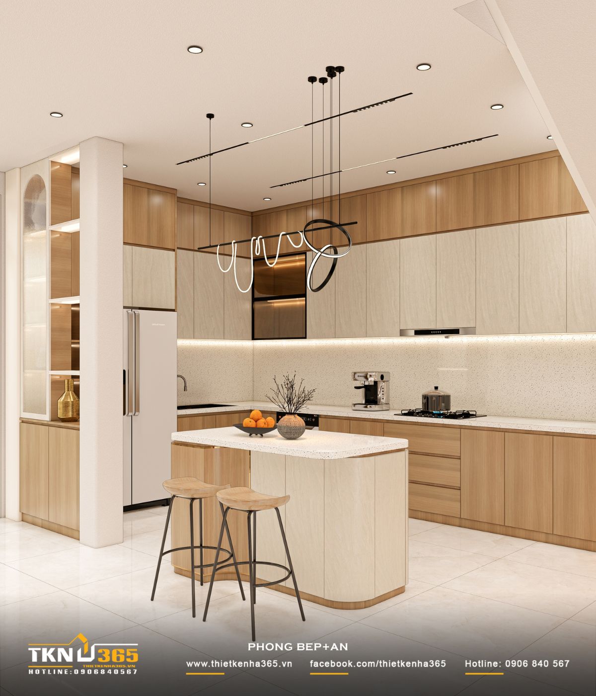 T’S House - Thiết kế nhà phố 3 tầng hiện đại, mạch lạc trong hình khối, ấm áp trong trải nghiệm 24 Hệ đèn thả và đèn âm trần bố trí hợp lý, đảm bảo chiếu sáng đầy đủ cho cả khu vực bếp và bàn ăn