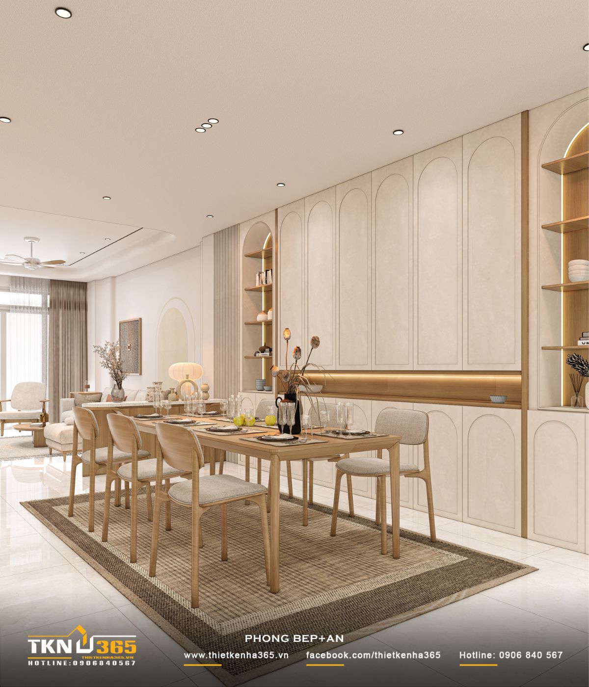 T’S House - Thiết kế nhà phố 3 tầng hiện đại, mạch lạc trong hình khối, ấm áp trong trải nghiệm 25 Mảng tường phía sau bàn ăn thiết kế tủ âm kết hợp kệ trang trí, vừa tăng lưu trữ vừa tạo điểm nhấn thẩm mỹ