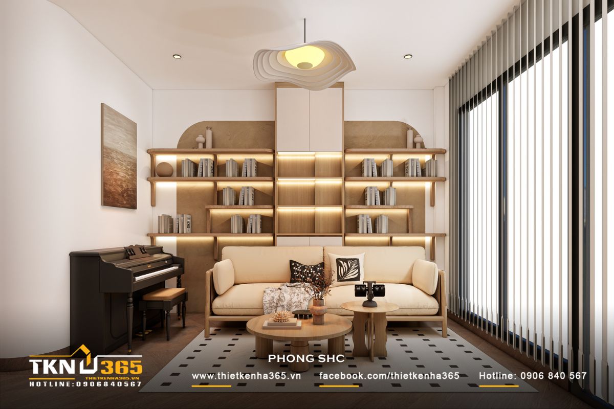 T’S House - Thiết kế nhà phố 3 tầng hiện đại, mạch lạc trong hình khối, ấm áp trong trải nghiệm 27 Không gian sinh hoạt chung nhà phố 3 tầng được thiết kế như một “khoảng nghỉ” với sofa, bàn trà và kệ sách, tạo nên nơi thư giãn nhẹ nhàng cho cả gia đình
