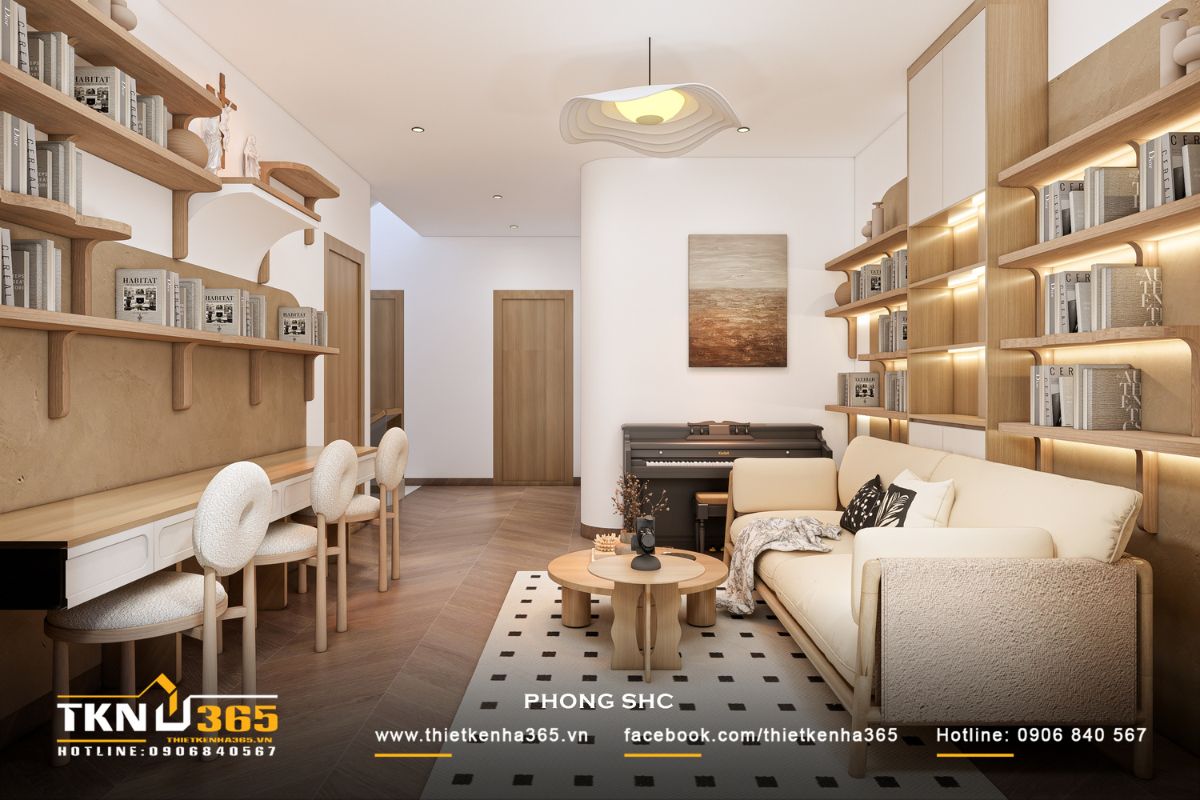 T’S House - Thiết kế nhà phố 3 tầng hiện đại, mạch lạc trong hình khối, ấm áp trong trải nghiệm 28 Hệ kệ sách bo cong kết hợp ánh sáng gián tiếp tạo chiều sâu thị giác, đồng thời mang lại cảm giác ấm áp và gần gũi