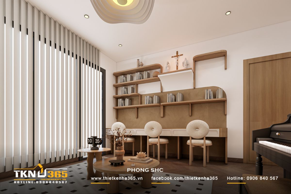 T’S House - Thiết kế nhà phố 3 tầng hiện đại, mạch lạc trong hình khối, ấm áp trong trải nghiệm 29 Góc piano bố trí tinh tế bên cạnh khu vực sinh hoạt, vừa là điểm nhấn thẩm mỹ vừa góp phần nâng cao giá trị tinh thần cho không gian