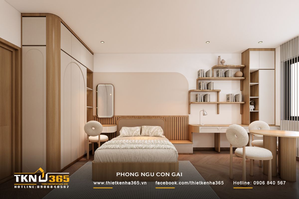 T’S House - Thiết kế nhà phố 3 tầng hiện đại, mạch lạc trong hình khối, ấm áp trong trải nghiệm 30 Phòng ngủ con gái trong nhà phố 3 tầng sử dụng bảng màu nhẹ nhàng kết hợp đường cong mềm mại, tạo nên không gian ấm áp và nữ tính