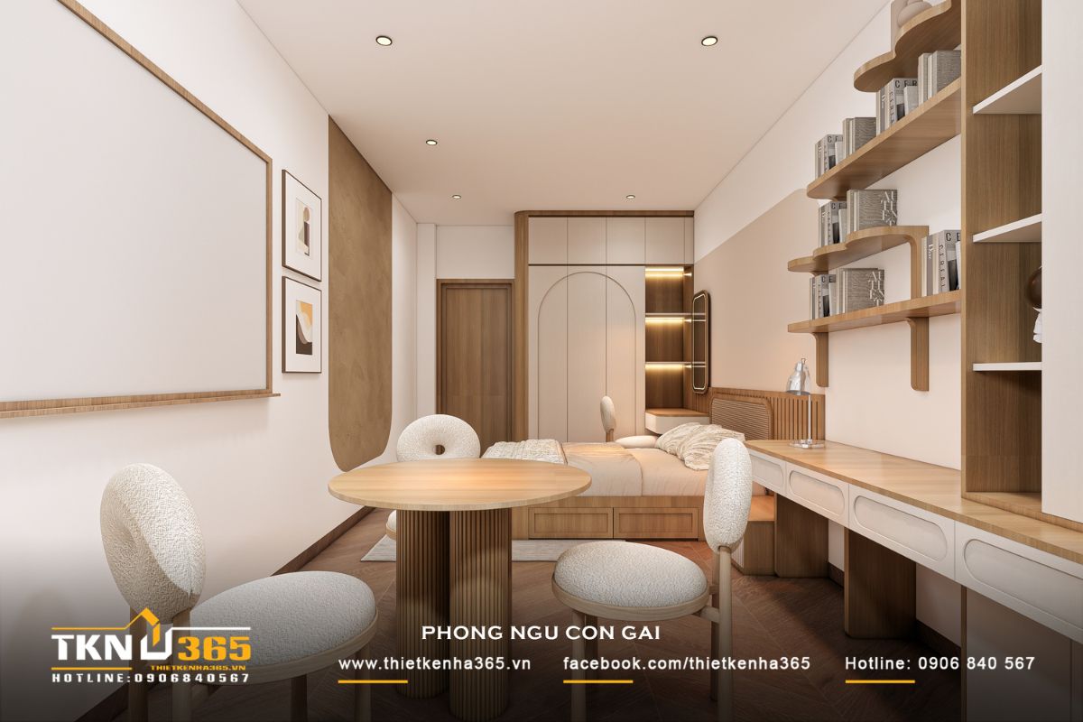 T’S House - Thiết kế nhà phố 3 tầng hiện đại, mạch lạc trong hình khối, ấm áp trong trải nghiệm 31 Góc nhìn tổng thể cho thấy sự kết hợp hài hòa giữa giường ngủ, bàn học và hệ tủ, đảm bảo tiện nghi trong sinh hoạt hàng ngày