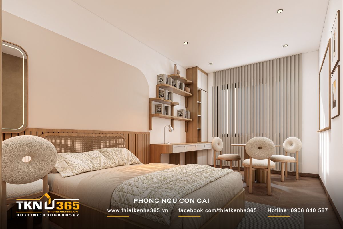 T’S House - Thiết kế nhà phố 3 tầng hiện đại, mạch lạc trong hình khối, ấm áp trong trải nghiệm 32 Khu vực bàn học và kệ sách thiết kế bo cong, vừa tăng tính thẩm mỹ vừa mang lại cảm giác nhẹ nhàng, dễ chịu