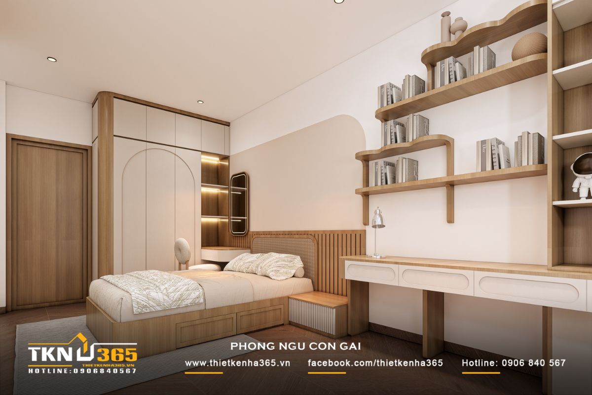 T’S House - Thiết kế nhà phố 3 tầng hiện đại, mạch lạc trong hình khối, ấm áp trong trải nghiệm 33 Hệ nội thất tích hợp từ giường, tủ đến bàn học giúp tối ưu diện tích, tạo nên không gian gọn gàng và thông thoáng