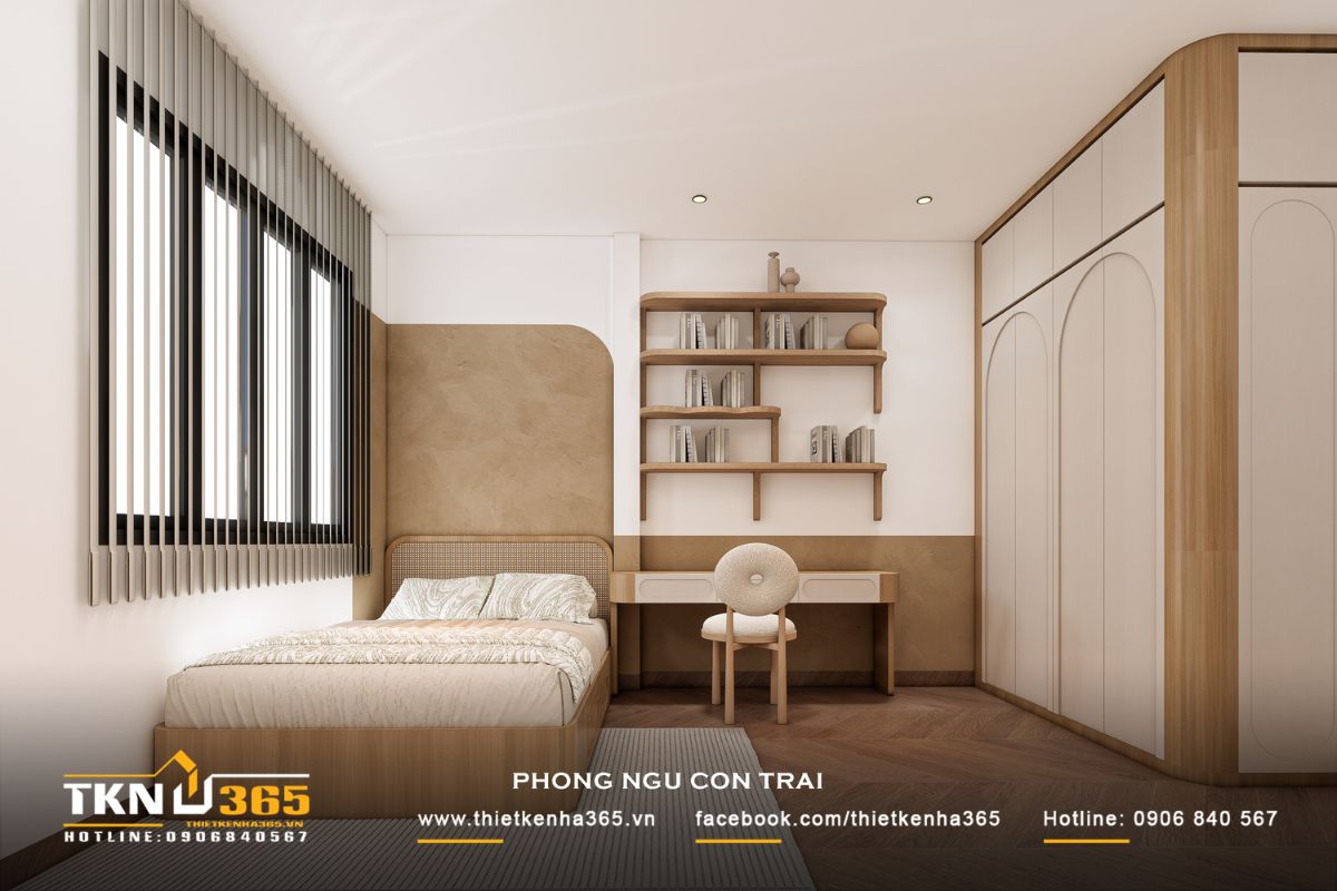T’S House - Thiết kế nhà phố 3 tầng hiện đại, mạch lạc trong hình khối, ấm áp trong trải nghiệm 35 Phòng ngủ bé trai được thiết kế với bảng màu trung tính ấm áp, nổi bật bởi mảng tường bo cong phía đầu giường, giúp không gian trở nên mềm mại và dễ chịu hơn