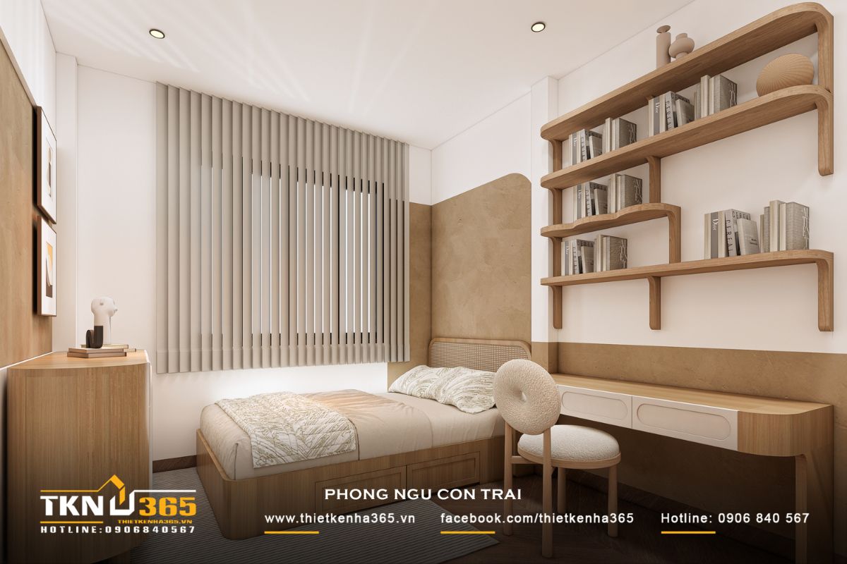 T’S House - Thiết kế nhà phố 3 tầng hiện đại, mạch lạc trong hình khối, ấm áp trong trải nghiệm 36 Hệ bàn học và kệ sách treo tường sử dụng các đường cong liên tục, vừa tạo điểm nhấn thị giác vừa mang lại cảm giác chuyển tiếp nhẹ nhàng trong không gian