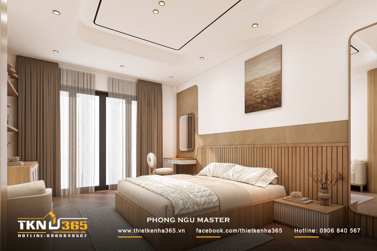 T’S House - Thiết kế nhà phố 3 tầng hiện đại, mạch lạc trong hình khối, ấm áp trong trải nghiệm 38 Phòng ngủ master được định hình bởi bảng màu trung tính ấm áp, nổi bật với mảng tường bo cong đầu giường kết hợp lam gỗ, tạo nên cảm giác mềm mại và thư giãn