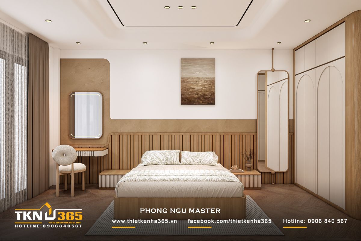 T’S House - Thiết kế nhà phố 3 tầng hiện đại, mạch lạc trong hình khối, ấm áp trong trải nghiệm 39 Bố cục không gian cân đối với hệ tủ và bàn trang điểm thiết kế liền mạch, các chi tiết bo tròn giúp giảm bớt sự khô cứng, mang lại trải nghiệm sử dụng nhẹ nhàng