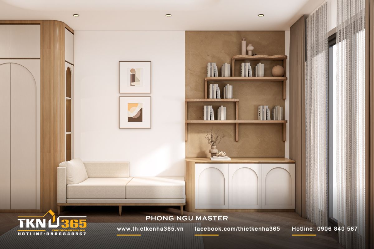 T’S House - Thiết kế nhà phố 3 tầng hiện đại, mạch lạc trong hình khối, ấm áp trong trải nghiệm 41 Khu vực thư giãn cạnh cửa sổ kết hợp kệ trang trí bo cong và ánh sáng tự nhiên, tạo nên một “khoảng nghỉ” yên tĩnh ngay trong phòng ngủ master